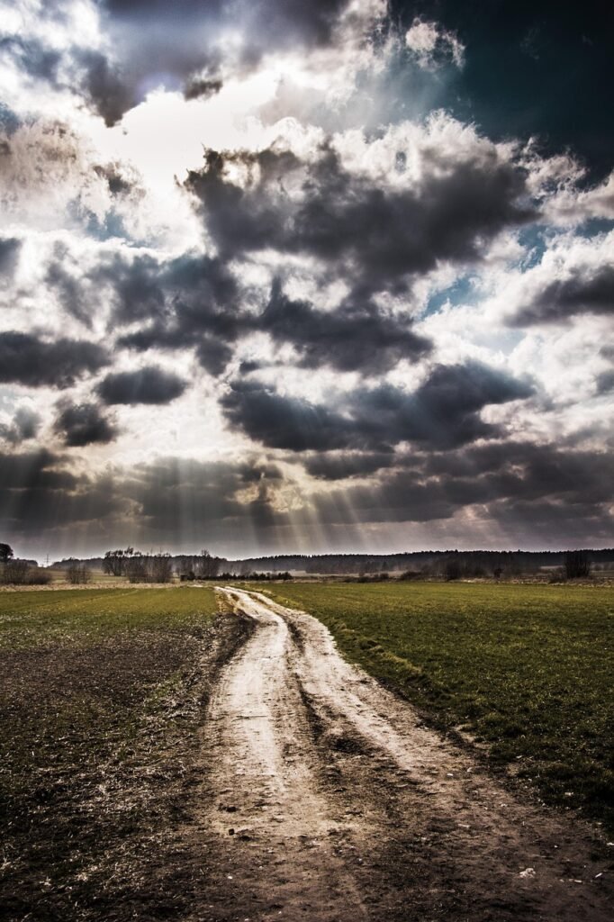 sky, clouds, dirt road, pathway, path, field, nature, environment, cloudscape, weather, fluffy, bright, pathway, pathway, pathway, pathway, pathway
